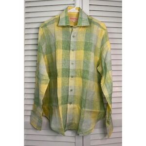 Inserch Collezione Size M 100% Linen Yellow & Green Plaid Button Up Shirt